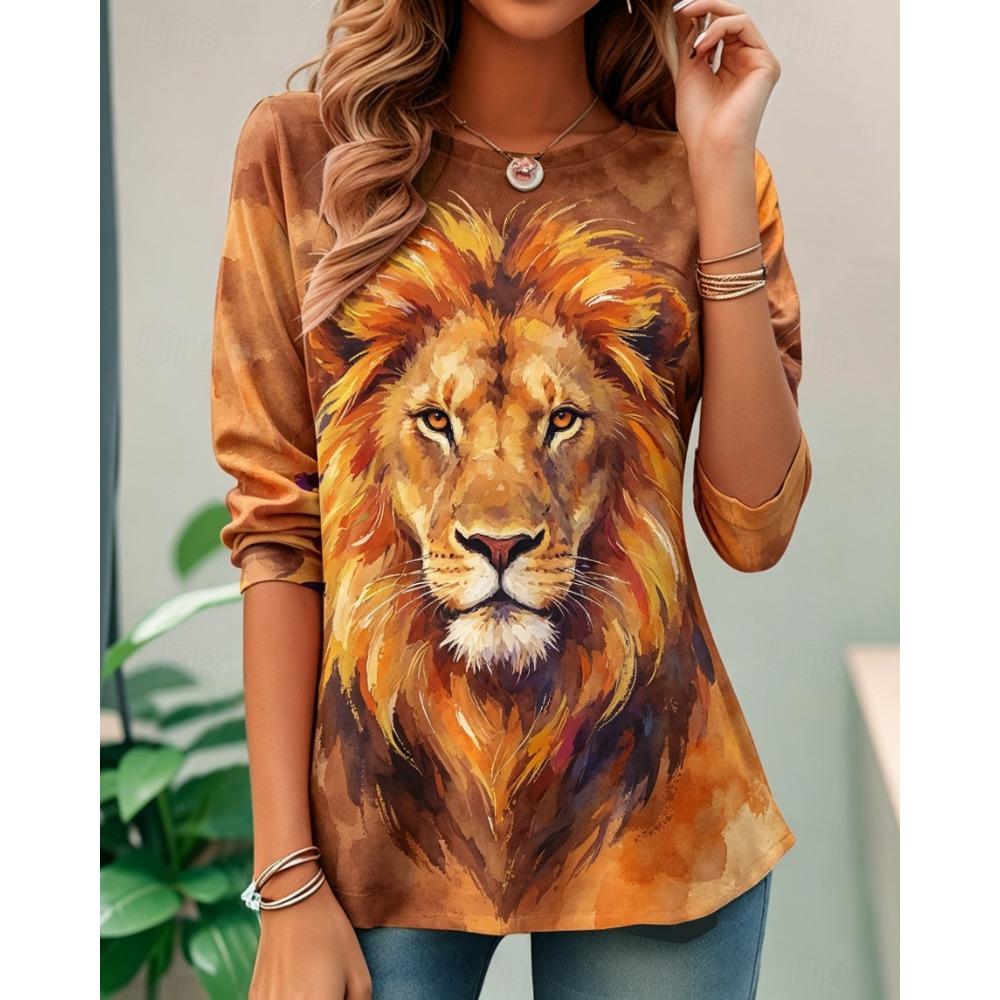Women's Long Sleeve Crew Neck Watercolor Fox Print Casual T-Shirt, Regular Tops for Spring Summer Daily Weekend Wear