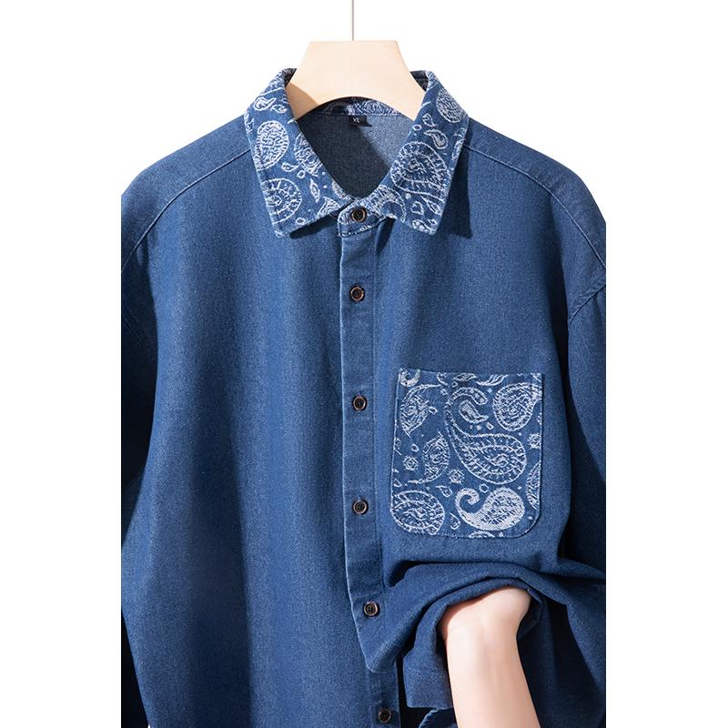 Denim Shirt for Man Long Sleeve Paisley Floral Patchwork Loose Camisas Streetwear Vintage Mens Hip Hop Cowboy Jean Shirts