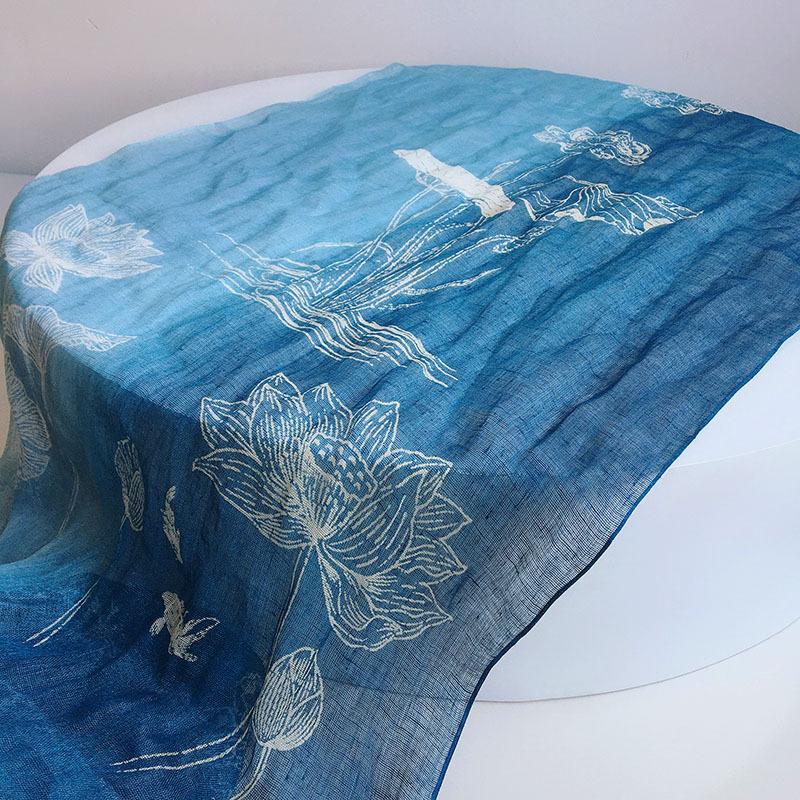 Linen Tie-Dye Scarf Gradual Change Imitation Blue Dye Batik Scarf Women'S Style Shawl Fringed Warm Silk Scarf