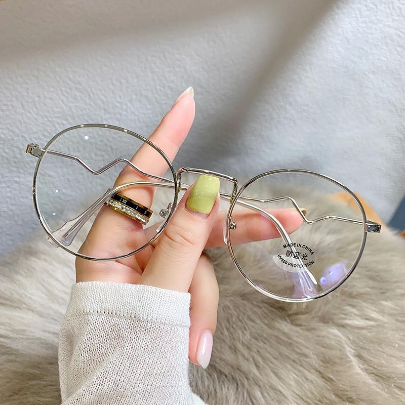 Anti-Blue Glasses Round Frame Student Flat Glasses Trendy Plain Myopia Finished Glasses Frames Will Be Sent For Approval