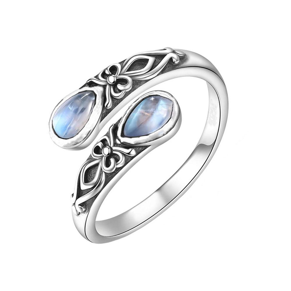 QIBAOKU Ретро Серебряное Кольцо Лунный Камень Мода Викторианский Стиль Рельефный Бант Кольцо Босния Подарок Регулируемое