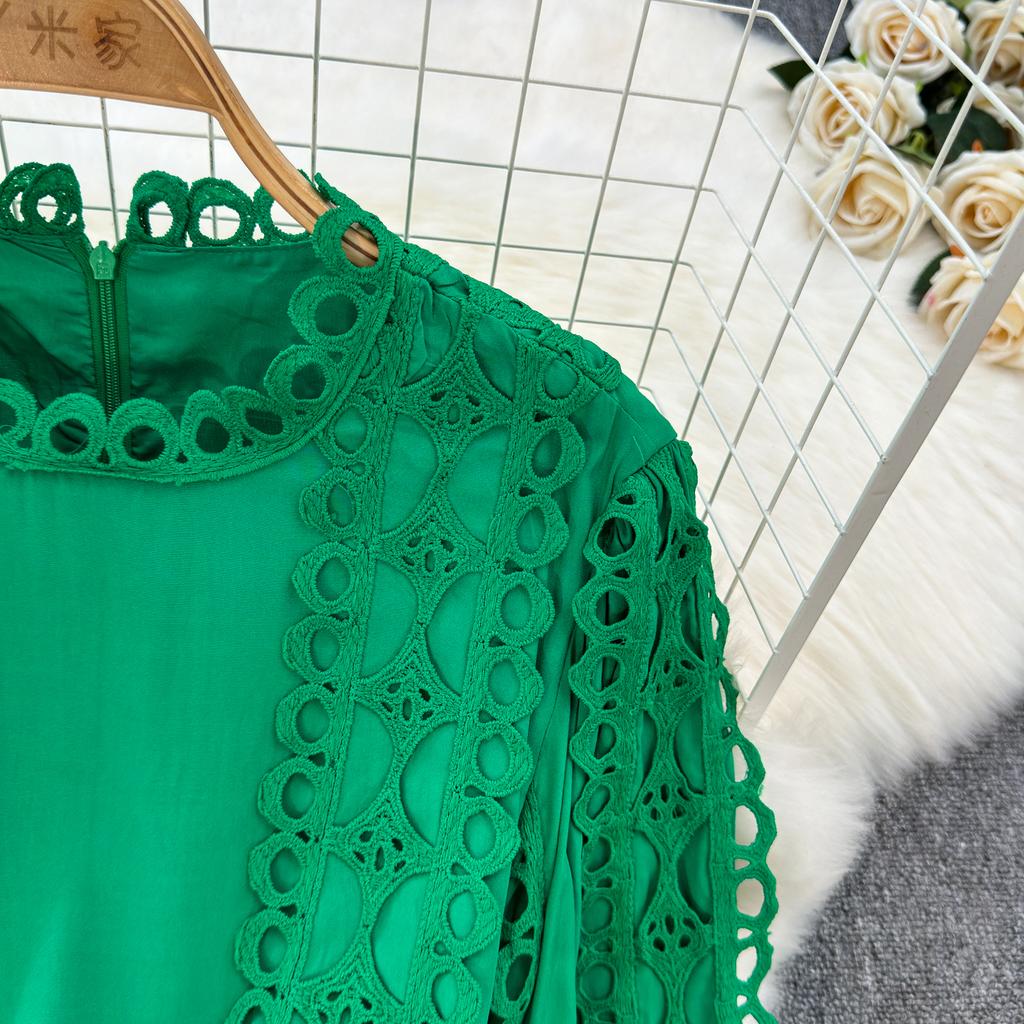 Court Style Elegant Dresses for Women Crochet Lace Hollow Out O-neck Lantern Sleeve Female Vestidos A-line Belted Dress Dropship