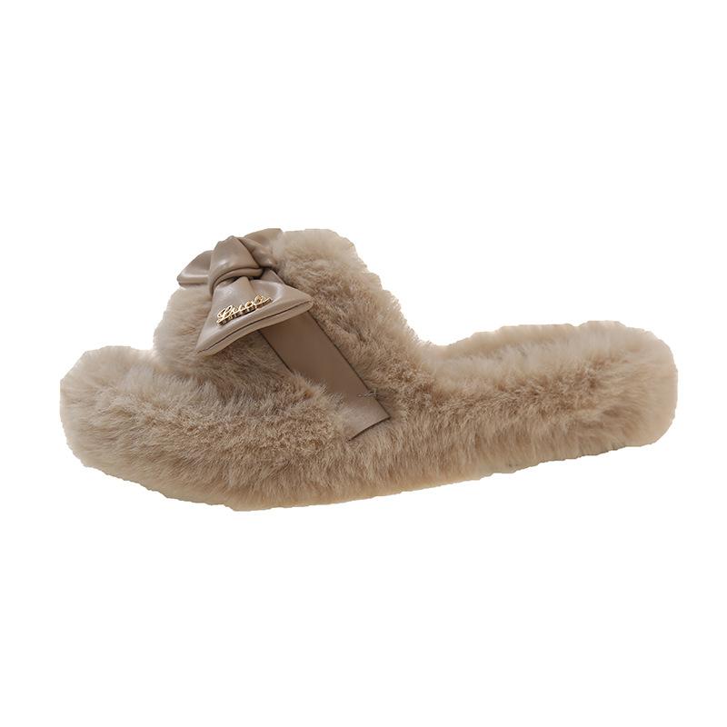 Foreign Trade Autumn and Winter Niche Design Sense Korean Version Flat-bottomed Versatile Fluffy Slippers Women's Bow Casual One-word Cotton Slippers