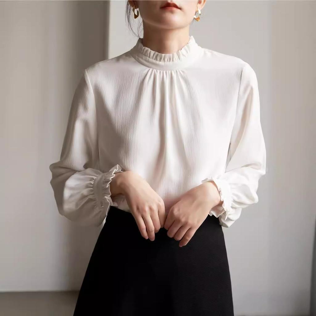 Women's French Style Ruffle Mock Neck Long Sleeve Blouse Elegant Office Commuter Shirt Layering Top For Spring