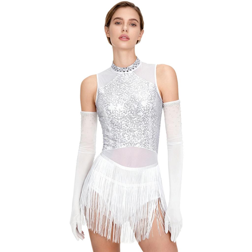 Damen Latin Tanz Kostüm Funkelnder Strassstein Kragen Netz Patchwork Fransen Pailletten Performance Kleid