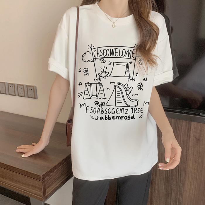 

% Cotton short-sleeved t-shirt women s summer new loose Hong Kong style design retro niche top M белый