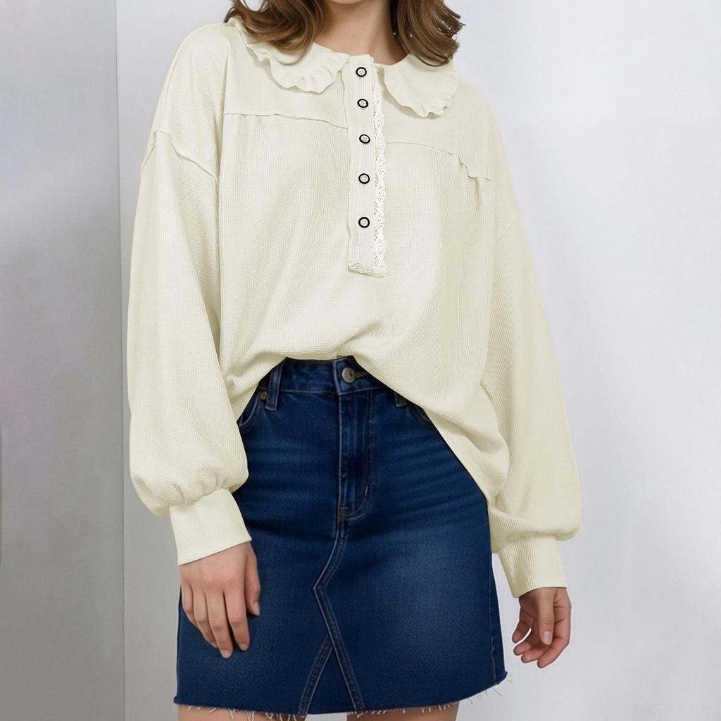 European & American Sweet Style Doll Collar Waffle Knit Long Sleeve Women's Shirt - New Spring Solid Color Design