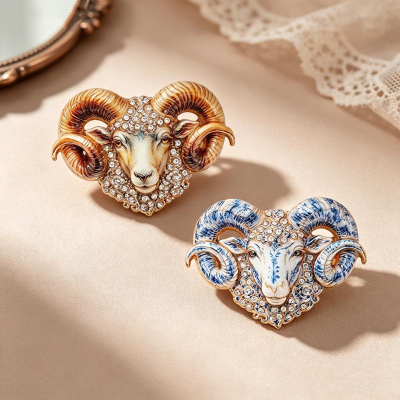 Vintage Ram Head Brooch Sparkling Rhinestone Inlay Eco Friendly Enamel Craft For Daily Wear Party Outfits Jewelry Gifts