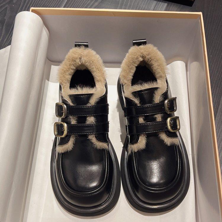 

Platform British small leather shoes for women s 2025 autumn and winter new versatile height-increasing thermal cotton shoes with one pedal and velve 34
