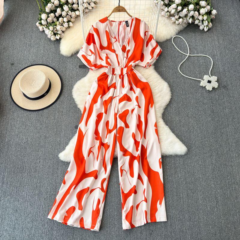 

Socialite Elegant V-neck Casual High Waist Print Short Sleeve Orange All yards