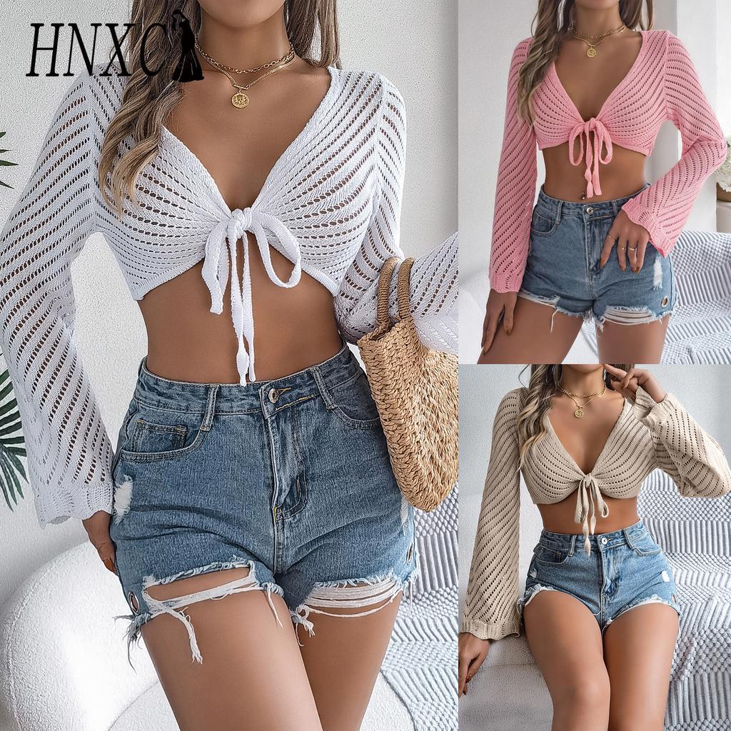 HNXC Summer Hollowed-out Striped Tie Long-sleeved Crop Top Knitted Cardigan for Women with Sun Protection