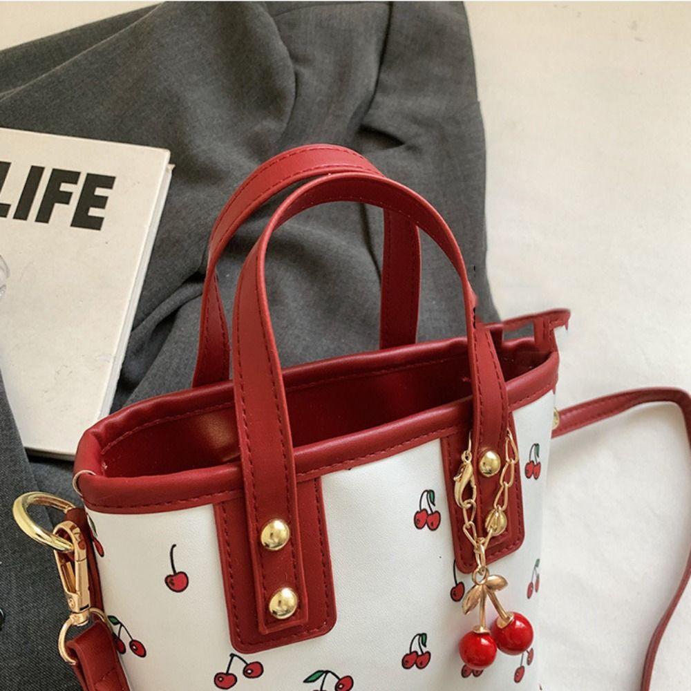Korean Style Cherry Crossbody Bag Large Capacity Square Tote Bag Bucket Shoulder Bag Travel