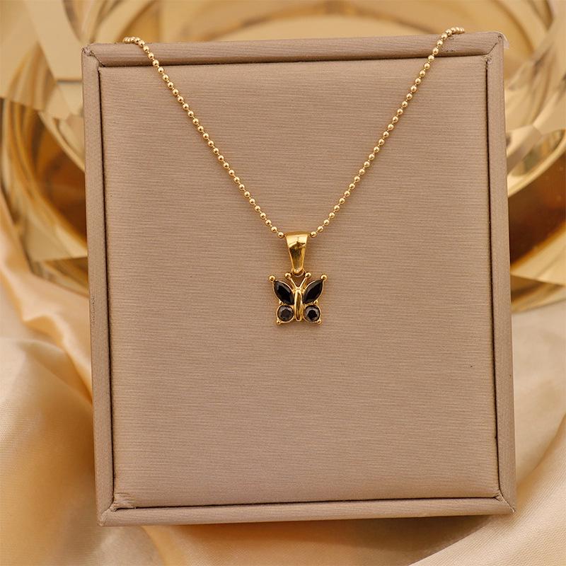 Retro Commuter Christmas Necklace: 18K Plated Titanium Steel with Zircon Inlaid Colorful Butterfly Pendant for Women