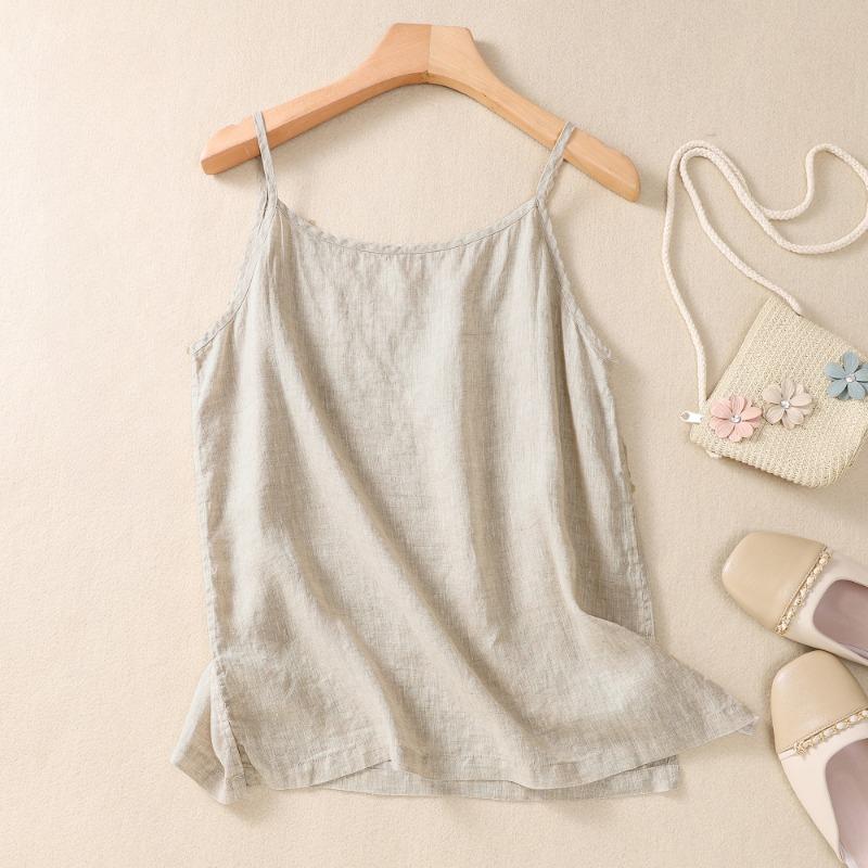 

DIMANAF 2025 New Plus Size Summer Women T-Shirt Sleeveless Basic Tops Linen Tees Casual Loose Tees 2XL хаки