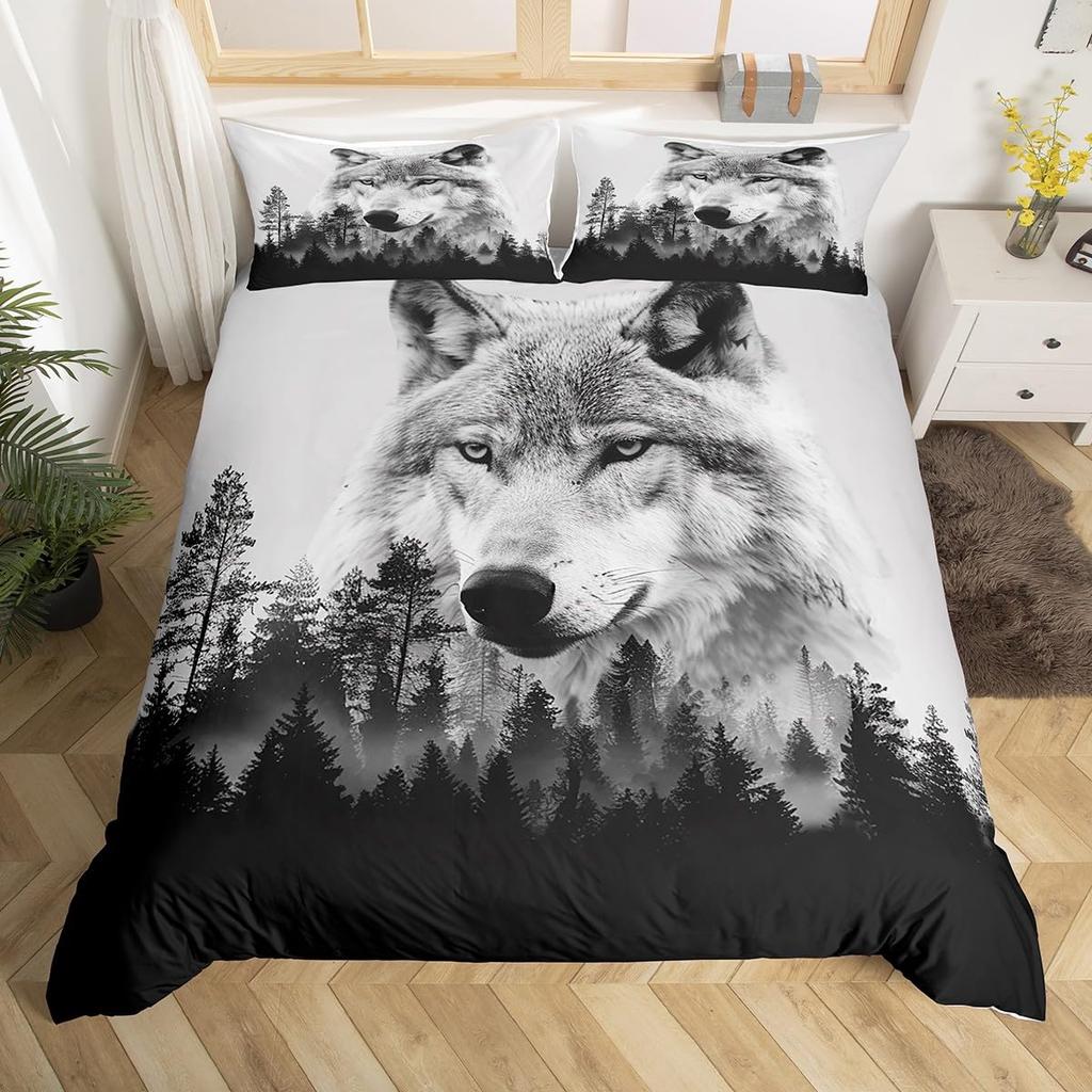 Kids Wolf Comforter Cover Full Queen Size Botanical Floral Bedding Set Wild Animal Duvet Cover Plant Flower Bedspread Cover