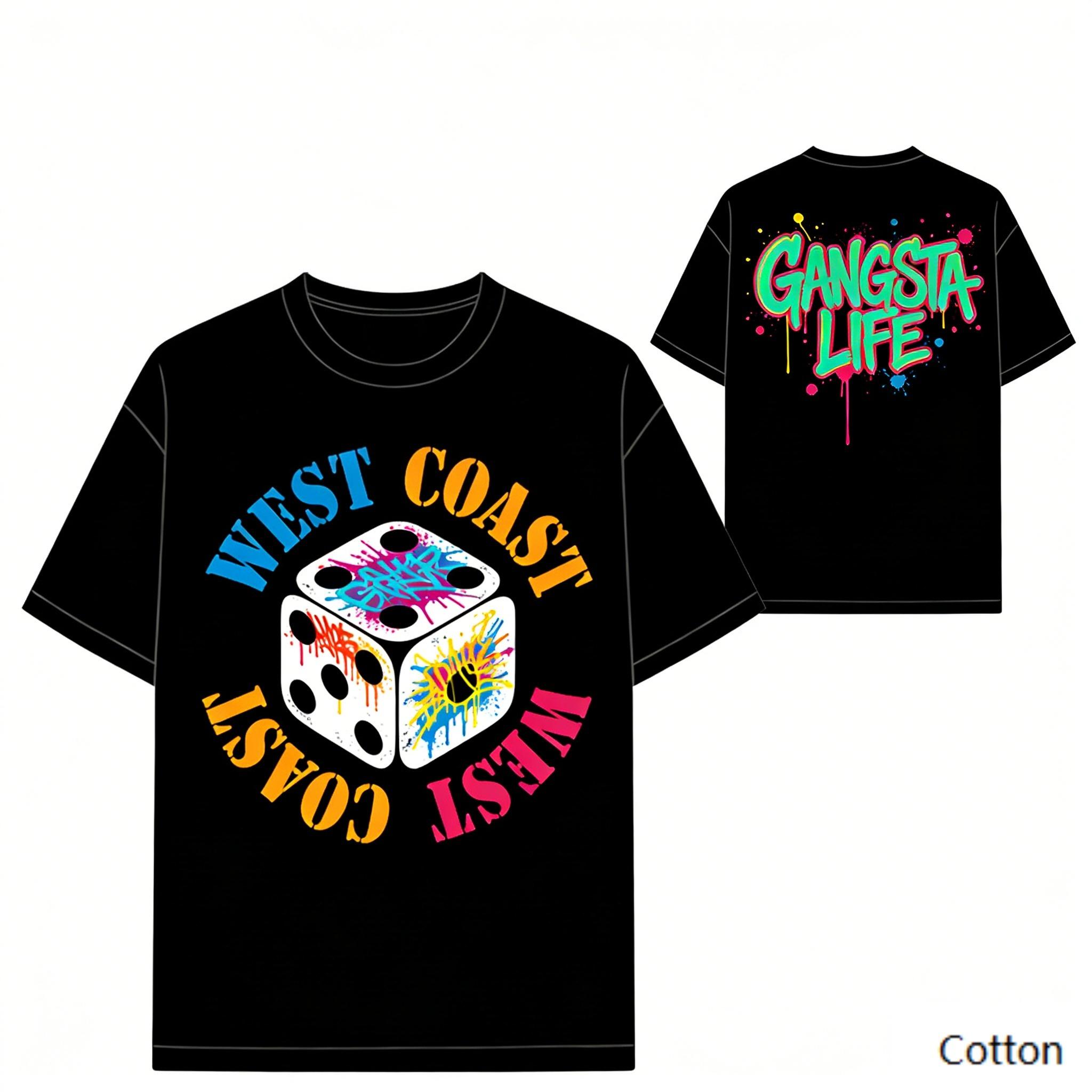 

West Coast Dice Graffiti Print Cotton T Shirt Unisex Women Gangsta Life Hip Hop Streetwear Loose Casual Tee 2XL