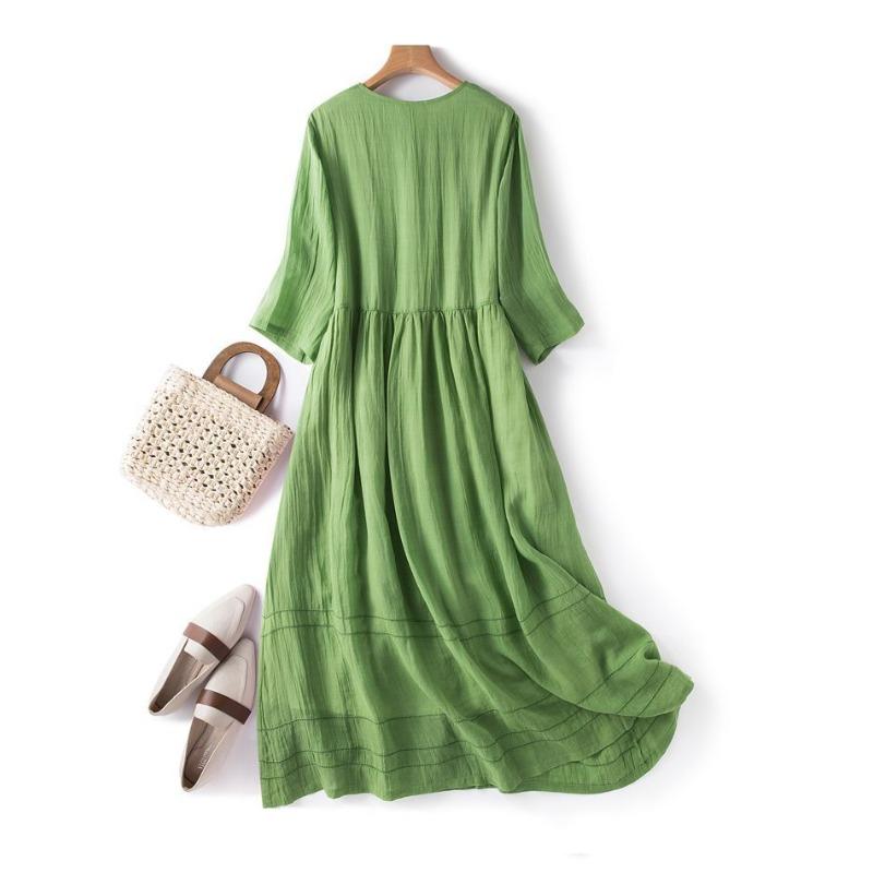 Japanese Style Summer Linen Dress Women Pure Color Slim Loose Long Dress Cotton Flowy Casual