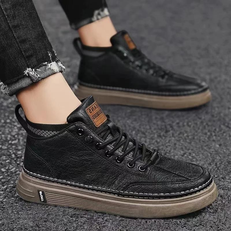 Neuer Herren-Freizeitlederschuh Einfarbig Mode High-Top Schwarz Herren-Sneakers Schnürer Plateau Stiefelette für Herren Chaussure Hommes