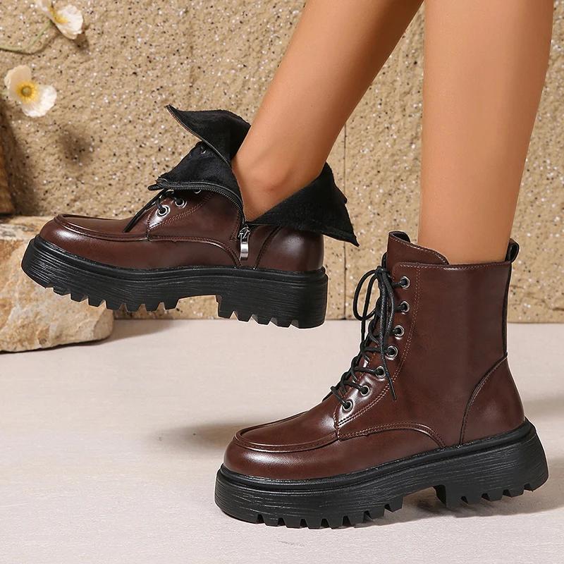 Comfort Wide Leg Platform Leather Ankle Boots Women Plus Size 42 Autumn Winter  Lace Up Motorcycle Boots Woman Short Botas