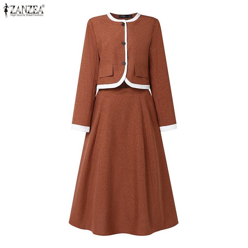 ZANZEA Women Elegant Outfits Long Sleeve Blouse and Skirts Casual Two Piece Suit Sets
