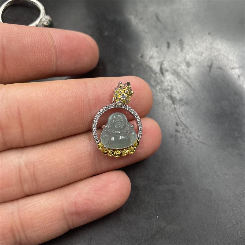 A-Grade Inlaid Jade Maitreya Buddha Pendant with Blue Water Jade Ring - Women s Small Jade Buddha Pendant