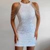 Sleeveless Tassel Shoulder Waist Tight Hip Wrap Gown Dress Women Sequin Decor Mini Halter Pencil Dress for Cocktail Party