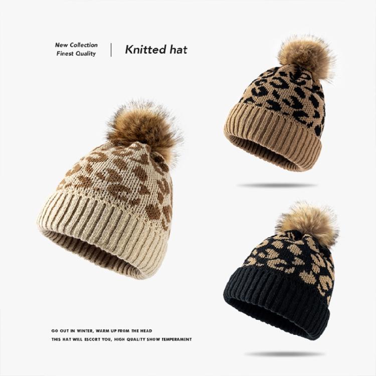 Leopard-print Knitted Wool Cap for W/Pompon Women Beanie Outdoor Casual Winter H