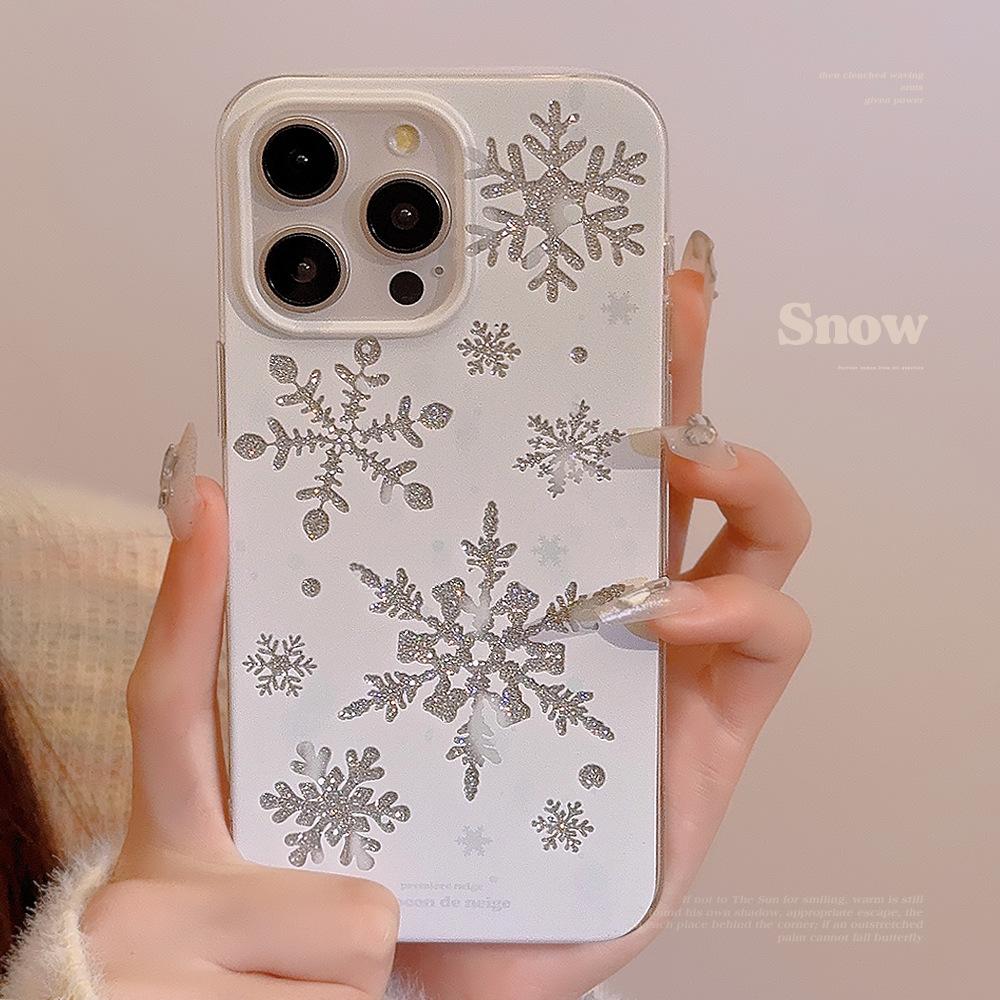 Glitter Powder Snowflake Iphone16 Mobile Phone Case 15 Autumn and Winter Atmosphere 14pro Silicone Max Suitable for 13 Simple