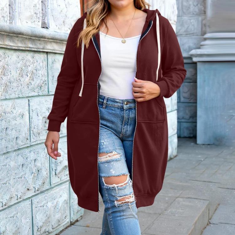 Plus Size Women Hooded Jacket Casual Fashion Long Sleeve XXXL винный