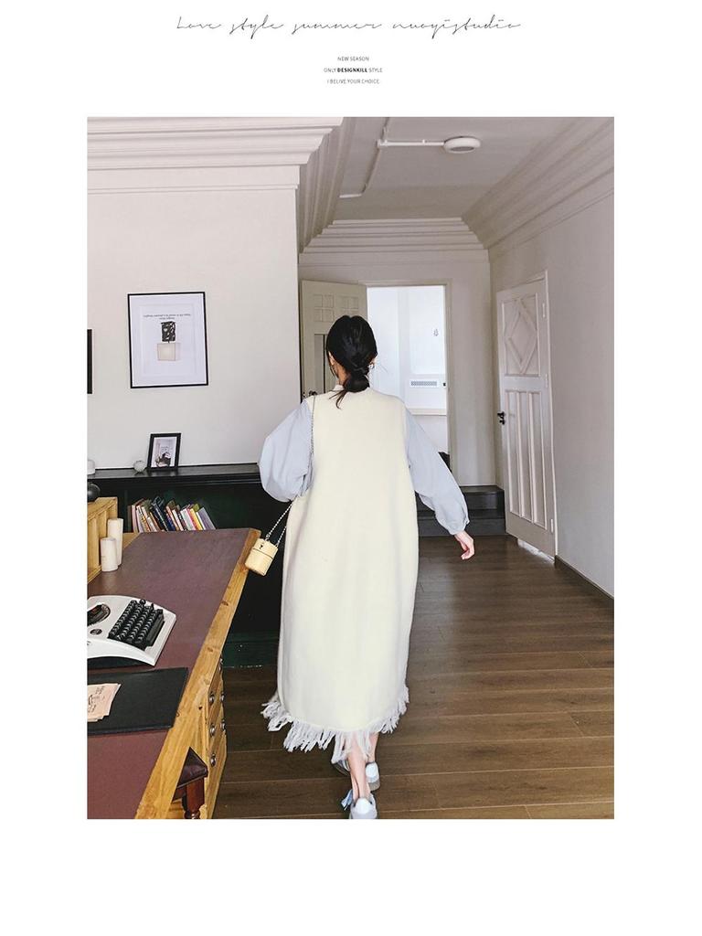 Women's Spring 2025 Playful Two-Piece: Colorful Button Shirt Dress & Tassel Knit Vest Suit