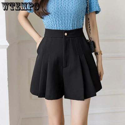 Pleated Shorts Women Summer Korean Style Solid Slim Shorts Ladies Casual Hight Waist A-line Wide Leg Short Pants