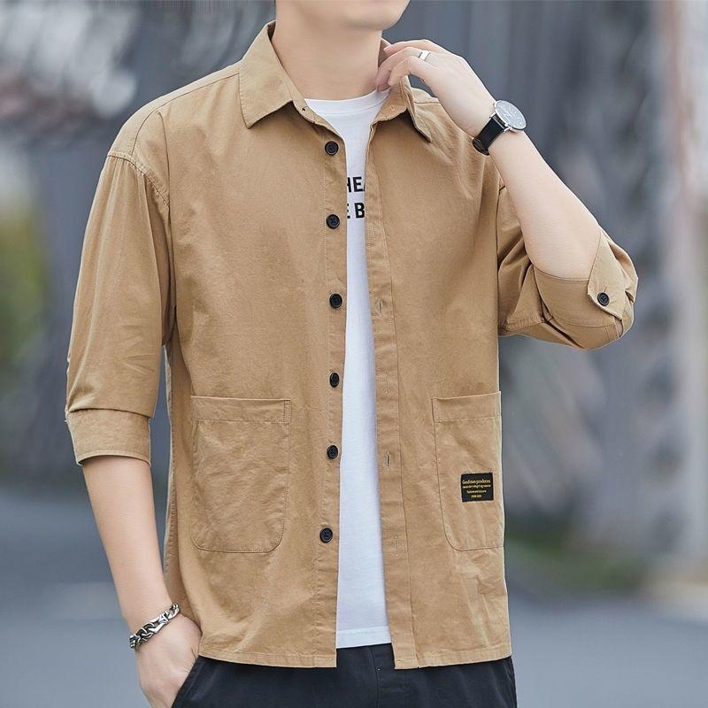 

Новые модные мужские рубашки с рукавом три четверти, топы, летние однотонные повседневные рабочие рубашки-карго с рубашками с карманами 3XL хаки