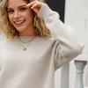 Women Sweater Tops Round Neck Long Sleeve Ribbed Hem Cuff Knitting Tops with Back Bow Decor Solid Color Knitwear