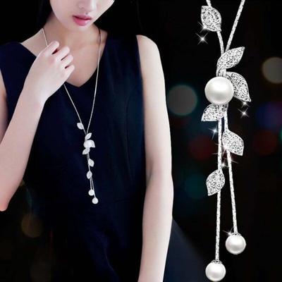 Naiste Faux Pearl Rhinestone lehed ripats pikk kett kaelakee ehted kingitus
