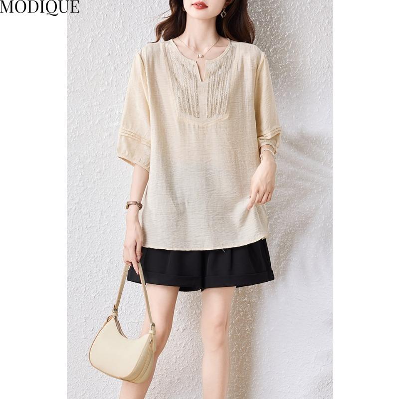 MODIQUE Spring Summer Plus Size New Women Loose Vintage Solid Blouse Shirts Female Casual Oversize Short Sleeve V-Neck Top Office Lady