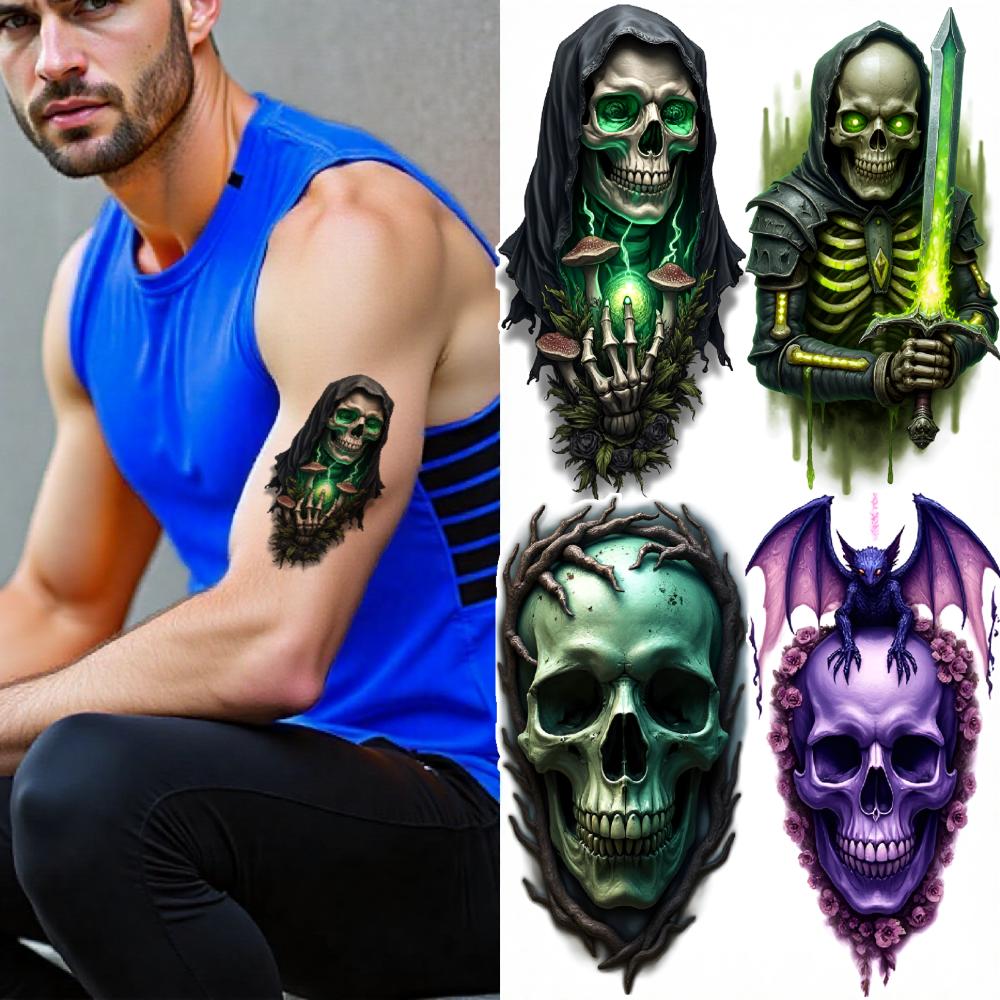 12pcs Temporary Tattoo Skull Designs Waterproof Long-lasting Body Stickers Skeleton Figures Realistic Temporary Tattoos For