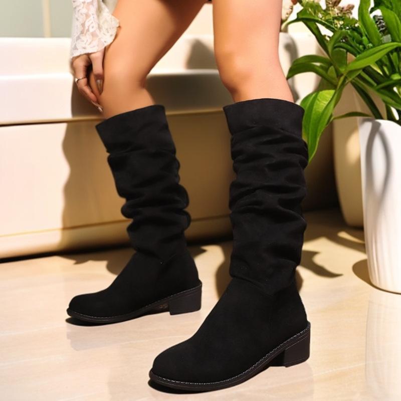 

New suede knight boots pleated pile boots round head thick heel western cowboy boots long tube 35 чёрный
