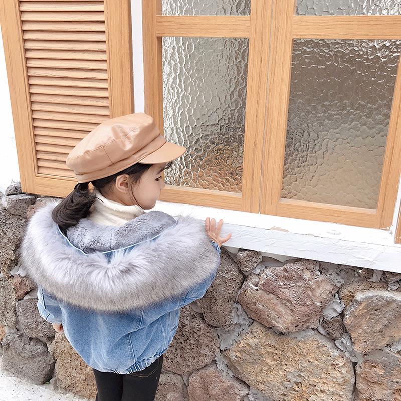 Geacă groasă din denim căptușită cu fleece pentru fete și băieți cu guler mare de blană - Stil coreean de iarnă pentru bebeluși și copii mici