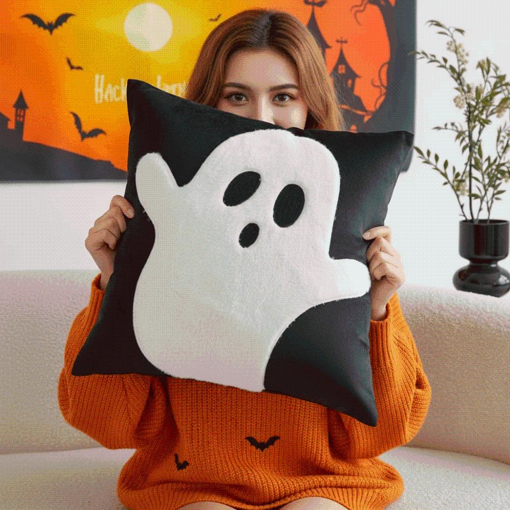 Square Shape Halloween Cushion Cover Cute Embroidery Ghost Cushion Shell Bed Accent