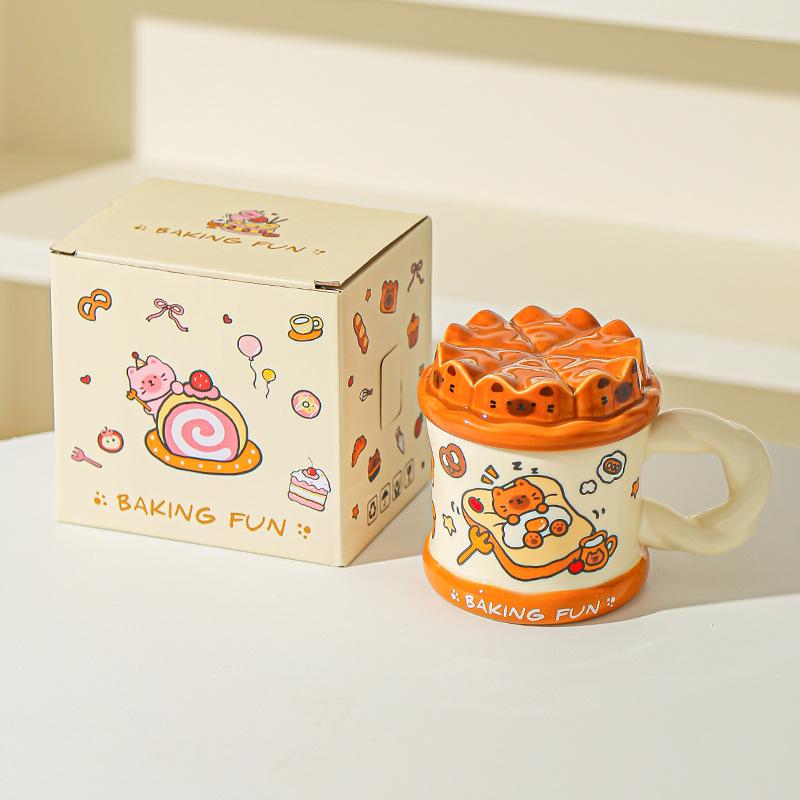

Hand drawn Birthday Cake Cute Cat Mug Office High Looking Girl Water Cup with Lid Home Couple Ceramic Cup 301-400ml