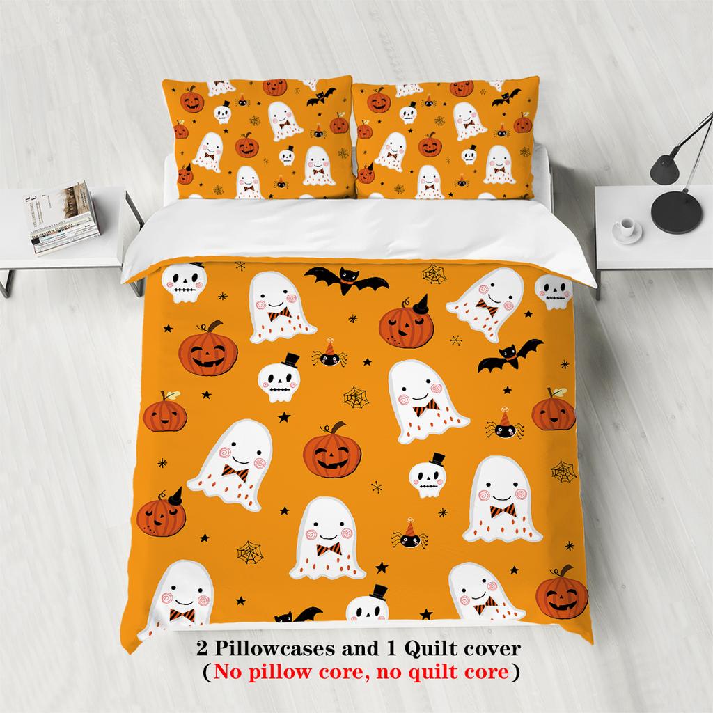 3-piece Halloween themed cute ghost pattern printed down duvet cover (1 piece set+2 pillowcases, no core) couple bedding set