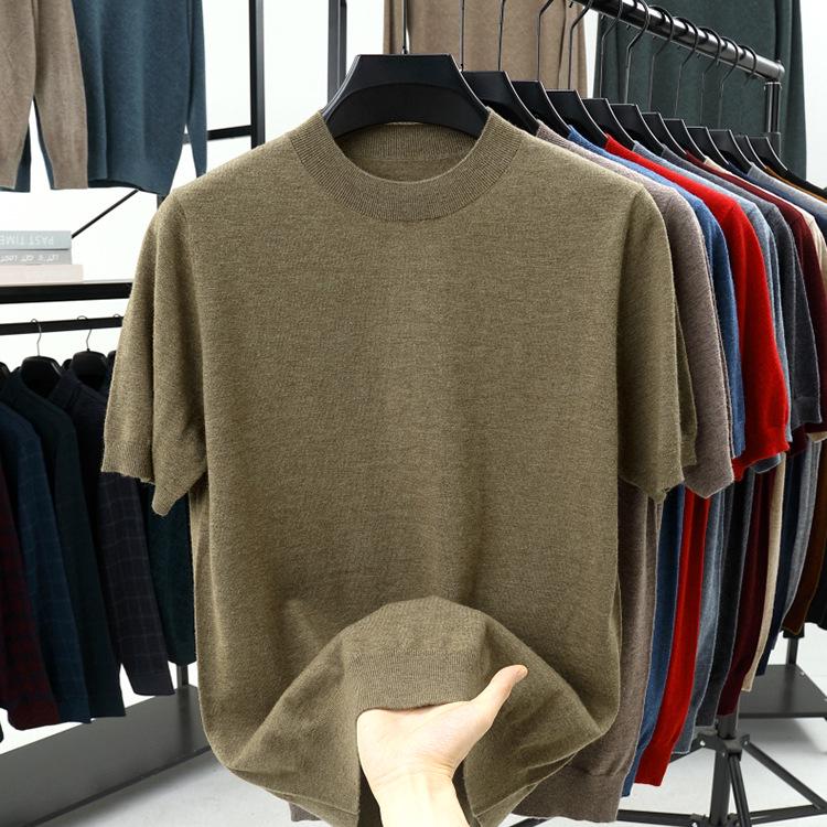 Men's 100% Wool Round Neck Sweater - Solid Color, Long Sleeve, High-End Casual Base Layer for Autumn/Winter
