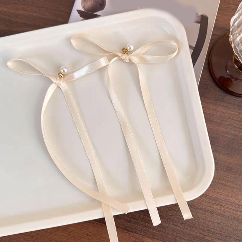 Elegant Imitation Pearl Earring Long Ribbon Bowknot Drop Earrings for Women Aesthetic Ear Studs Wedding Party Jewelry