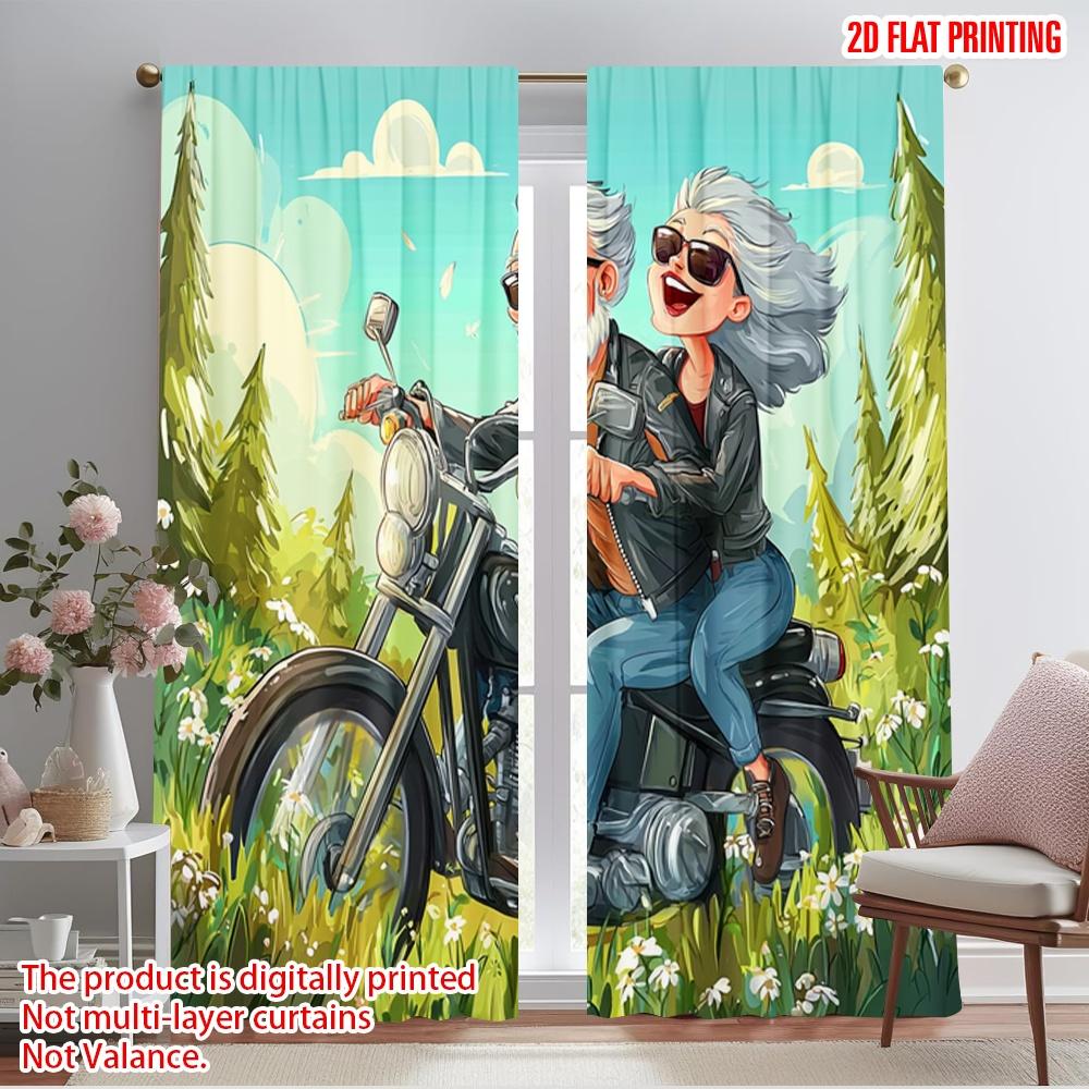 

2pcs,2D plane printing Curtain Fabric Grandpa and grandma riding motorcycles Versatile Fabric (without rod) Decorations Inside 52.50×116.00 CM 2pcs