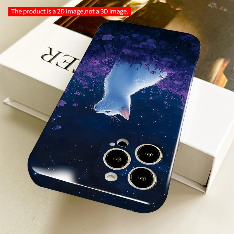 2DFlat Starry Night Cat In Purple Flowers All Inclusive Film Hard iPhone Case, Compatible with iPhone 18 Pro Max 17 16 15 14 13 12 11