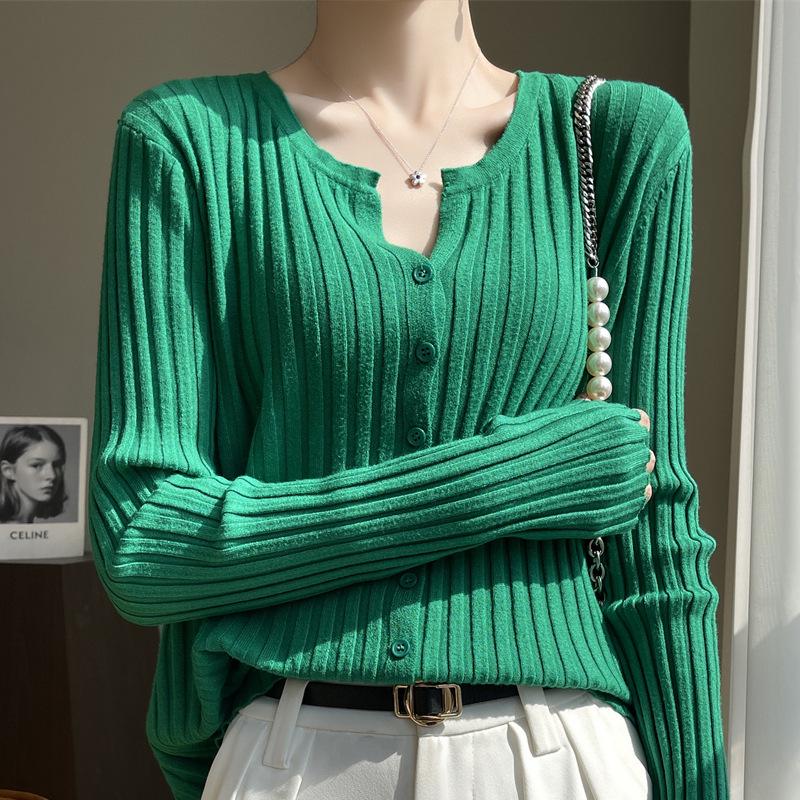 Women's Ribbed V-Neck Knitted Cardigan - Loose Thin Plus Size Sweater Coat