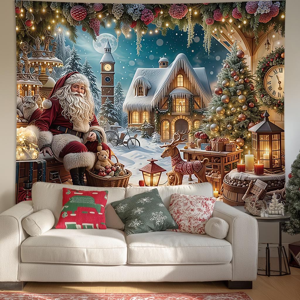 Christmas Tapestry Fairy Lights Christmas Tree Snowy Window Scene Red Curtains Christmas Event Backdrop Background Cloth