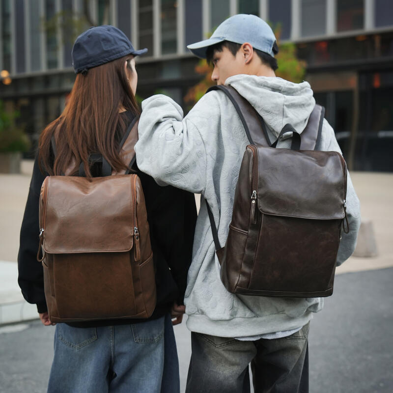 Solid Color PU Backpack Men's Large Capacity Backpack Student Sports Travel Computer Bag