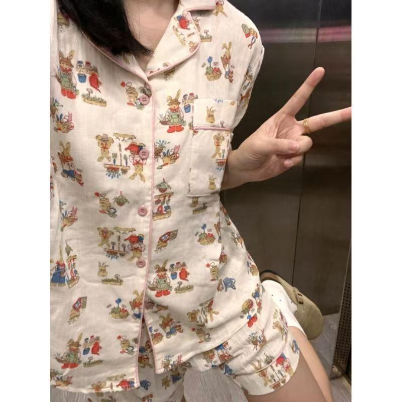 Cute Bear Pajamas Women's Summer Short-sleeved Shorts Crew Neck Set, Student Dormitory Can Wear Loungewear Two-piece Set