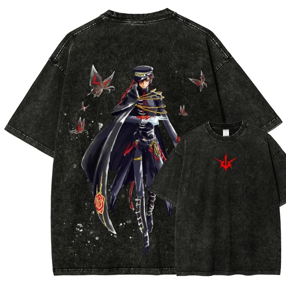 Anime Code Geass Graphic Print T-shirt Vintage Washed Cotton O-neck Tee Women Men Harajuku New Fashion Oversize Casual Top L